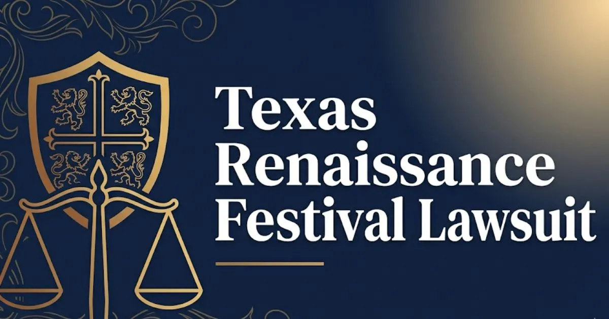 Texas Renaissance Festival lawsuit 2026 guide banner with legal scales and medieval shield design