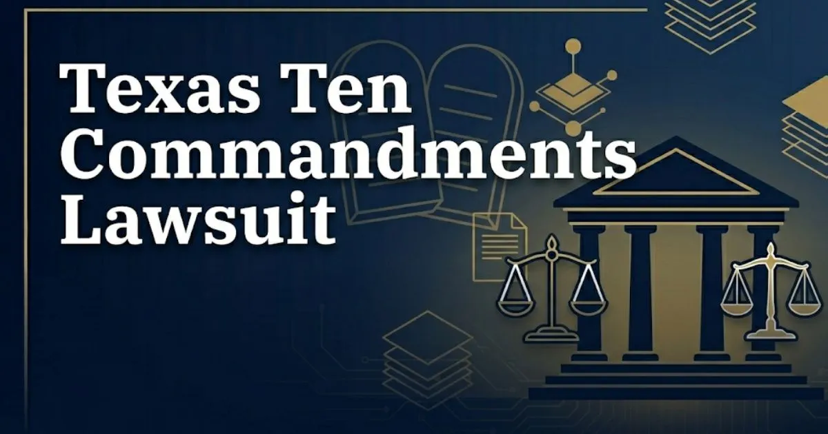 Texas Ten Commandments Lawsuit 2026 legal update banner with courthouse columns and stone tablets on navy background