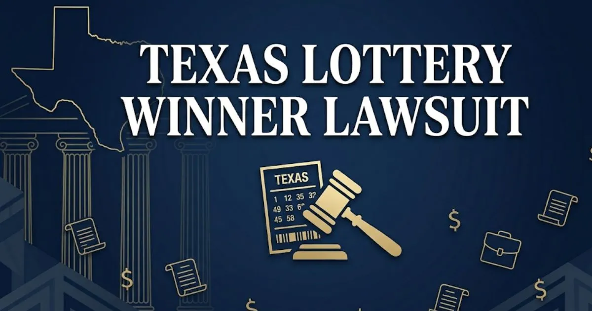 Texas lottery winner lawsuit guide showing gavel and lottery ticket legal imagery