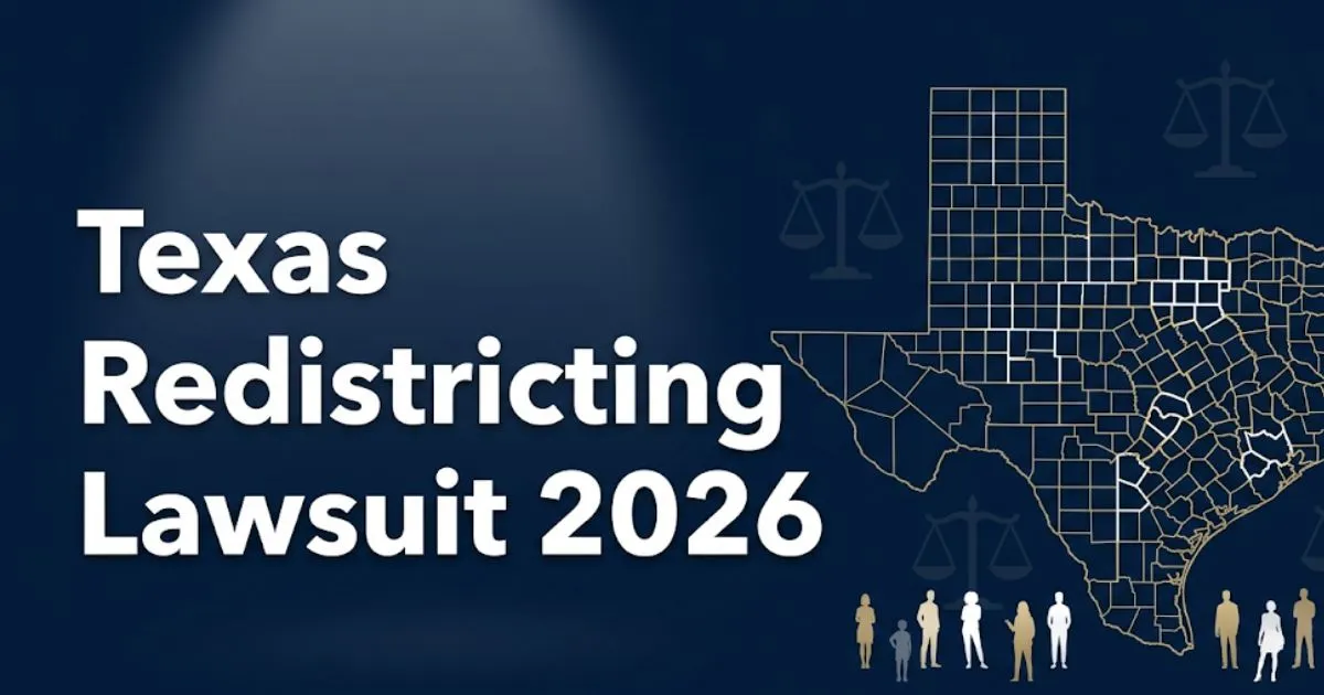 Texas redistricting lawsuit 2026 blog banner showing Texas map outline with district lines and voter silhouettes