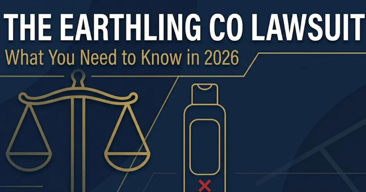 The Earthling Co lawsuit 2026 banner showing legal scales and product bottle icons on a navy background