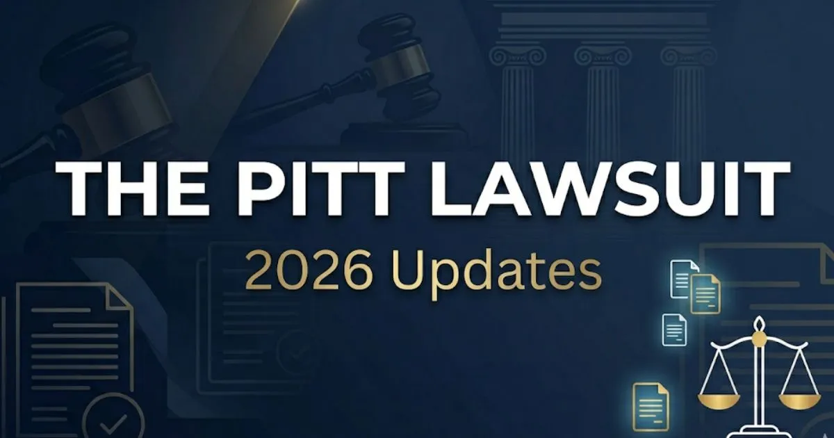 The Pitt Lawsuit 2026 legal blog banner with courthouse silhouette and scales of justice