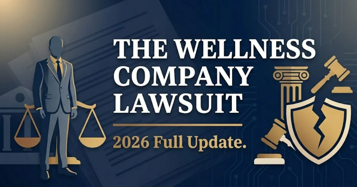 The Wellness Company Lawsuit 2026 full update banner with legal scales and courthouse imagery on navy background.
