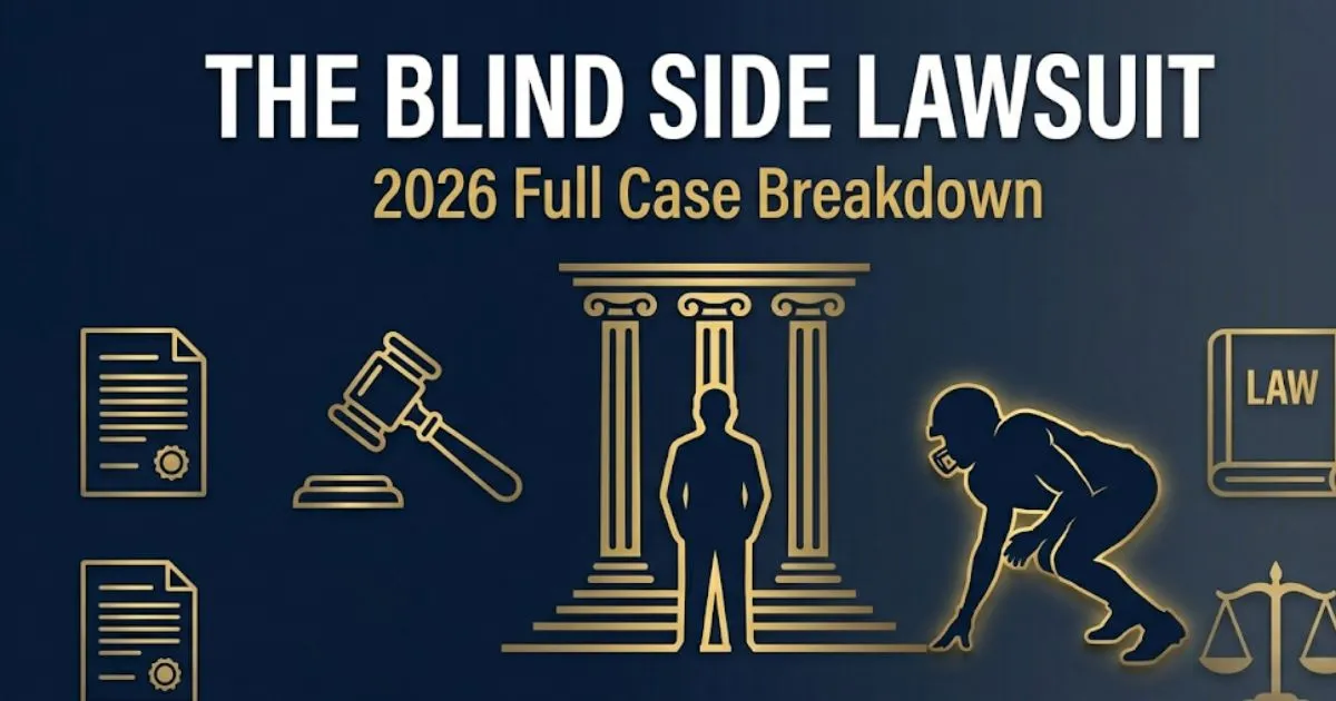 The blind side lawsuit 2026 case breakdown banner with legal gavel and football silhouette on navy background