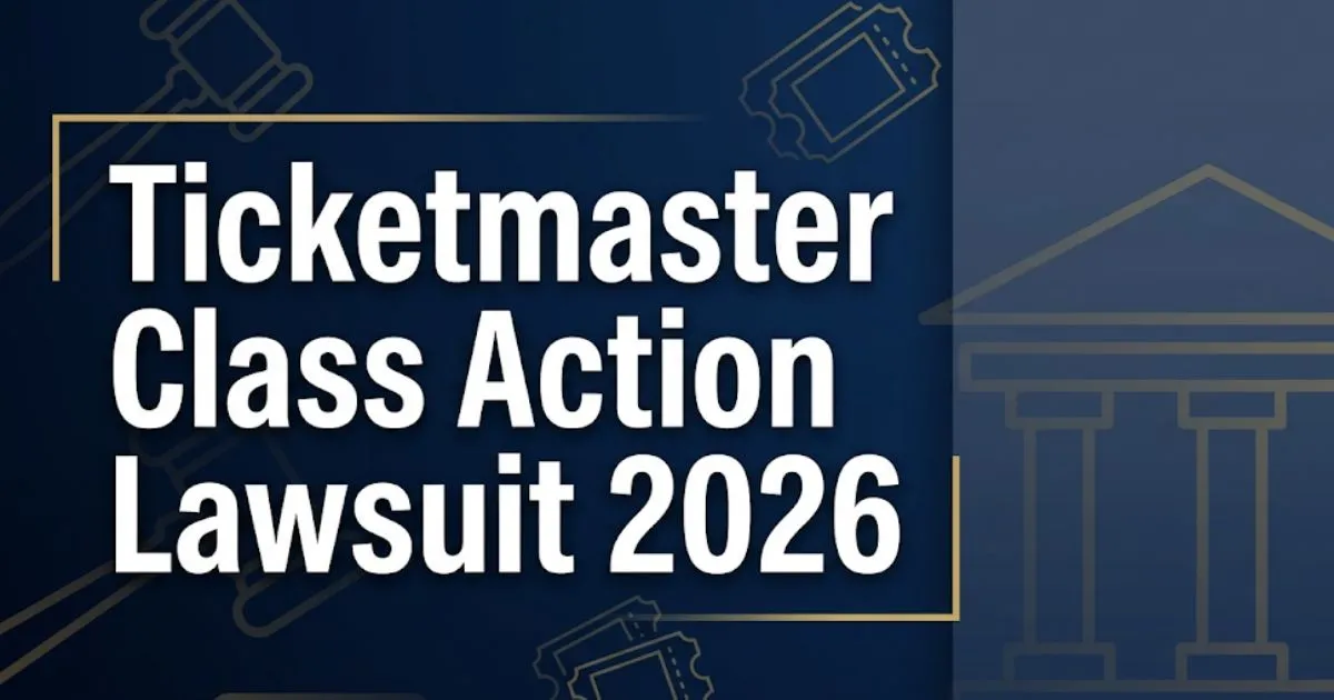 Ticketmaster class action lawsuit 2026 hero banner with gavel and ticket icons on navy background