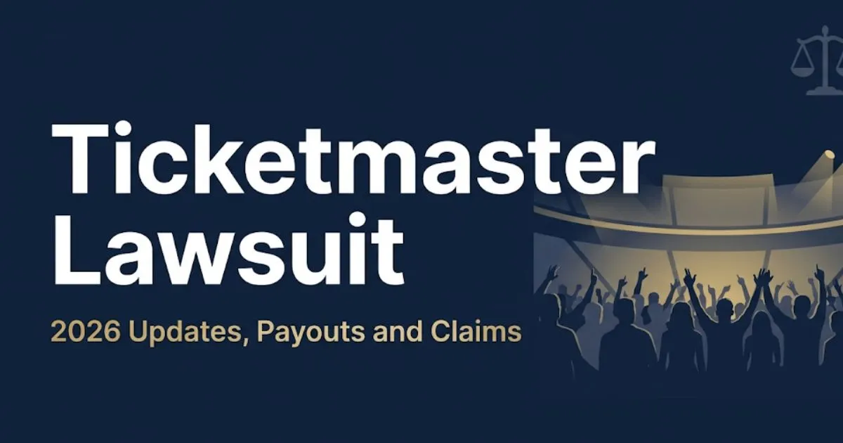 Ticketmaster lawsuit 2026 blog banner with legal scales, concert silhouette, and headline text on navy background