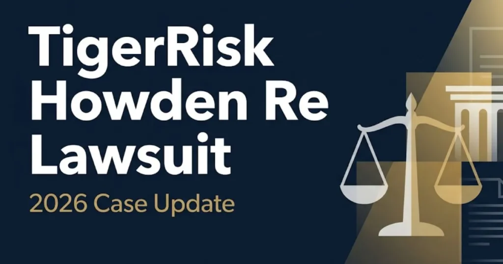 TigerRisk Howden Re Lawsuit 2026 case update editorial banner with legal scales and navy background