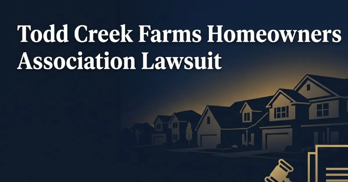Todd Creek Farms homeowners association lawsuit banner with suburban home silhouettes and legal symbols