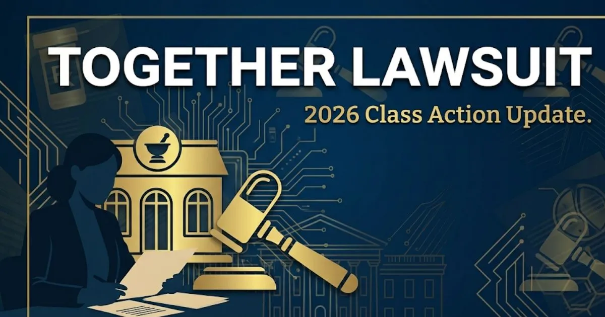 Together lawsuit 2026 class action hero banner with legal scales and AI circuit design on navy background