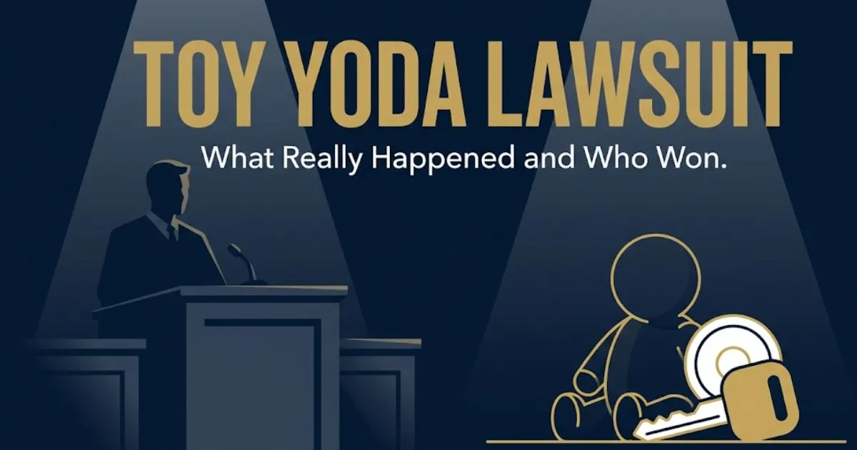 Toy yoda lawsuit banner showing courtroom silhouette and legal case title text in gold on navy background