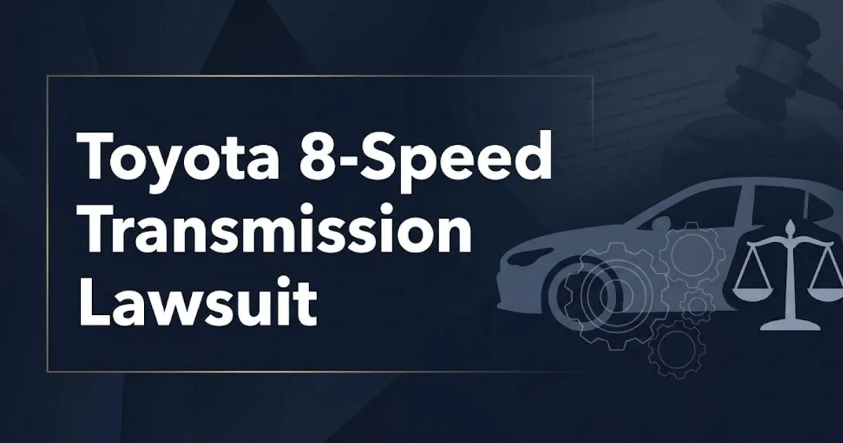 Toyota 8-speed transmission lawsuit 2026 guide banner with legal and automotive imagery