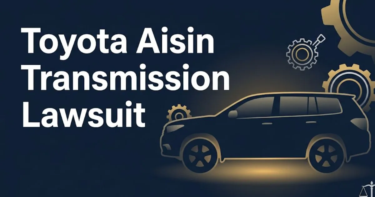 Toyota Aisin transmission lawsuit 2026 legal guide banner with silhouette SUV and gold transmission icons on navy background