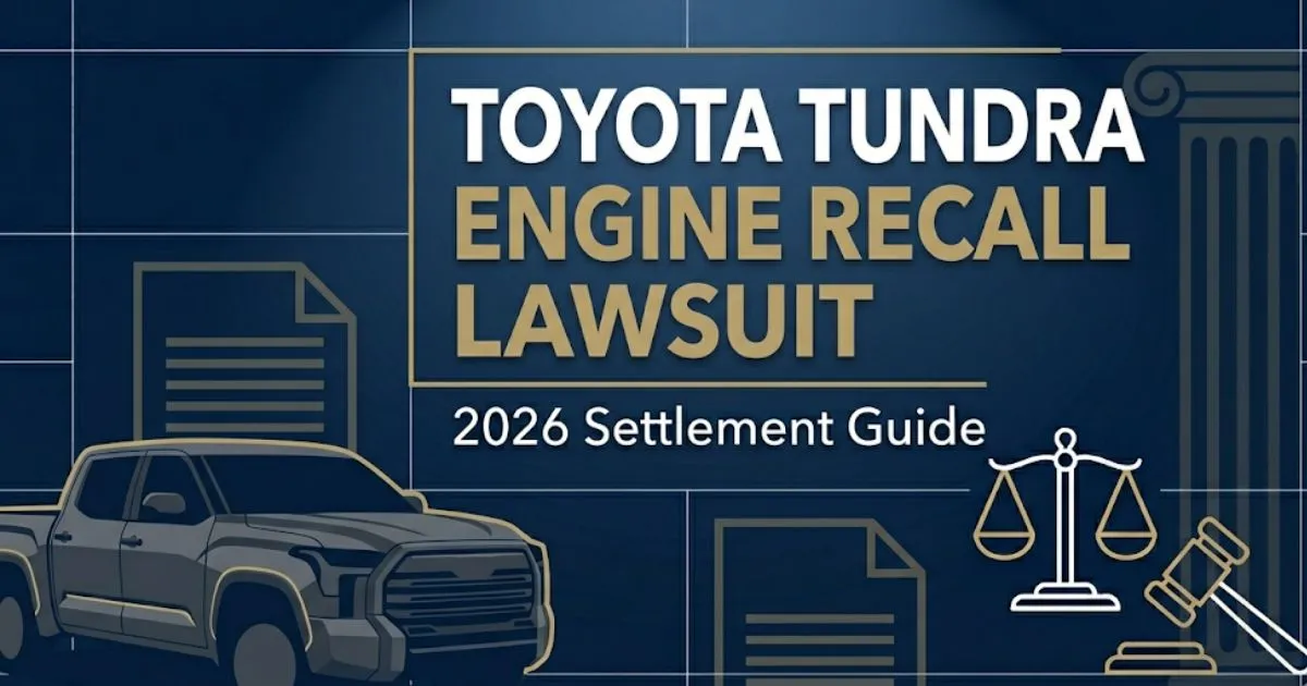 Toyota Tundra Engine Recall Lawsuit 2026 guide banner with truck silhouette and legal scales on navy background