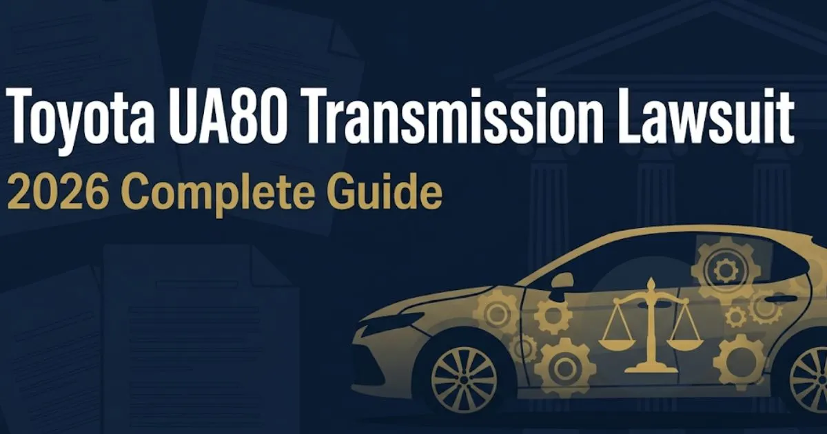 Toyota UA80 Transmission Lawsuit 2026 guide banner with car silhouette and legal scale icons on navy background