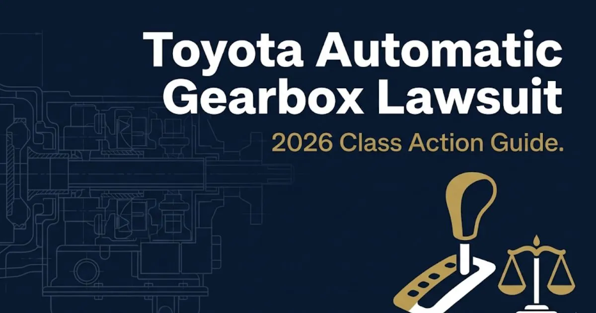 Toyota automatic gearbox lawsuit 2026 class action guide banner with legal scales and transmission silhouette on navy background