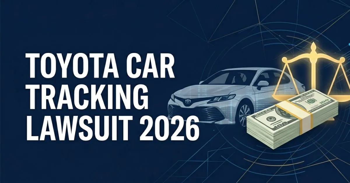 Toyota car tracking lawsuit 2026 settlement payout information graphic with cash and scales of justice.