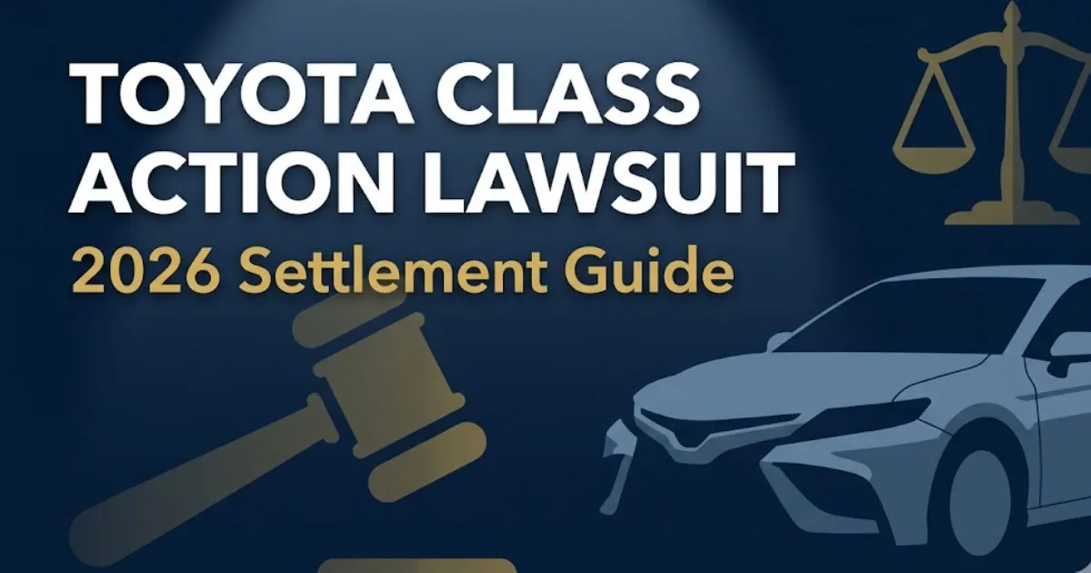 Toyota class action lawsuit 2026 settlement guide banner with gavel and vehicle silhouette on navy background