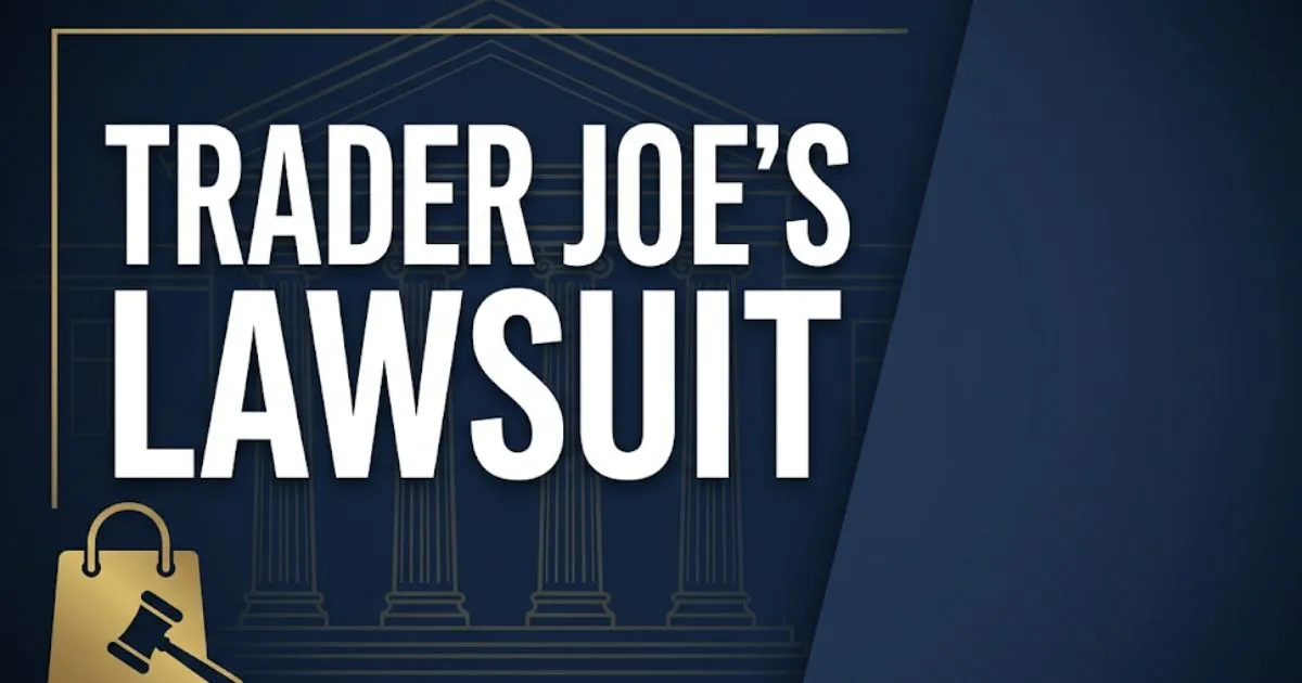 Trader Joe's Lawsuit 2026 banner with gavel and shopping bag silhouette on navy background
