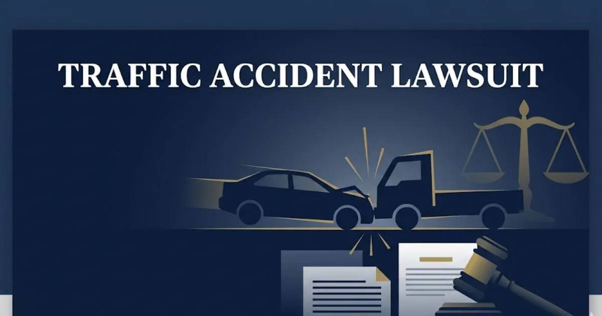 Traffic accident lawsuit guide showing car collision silhouette with legal symbols and scales of justice