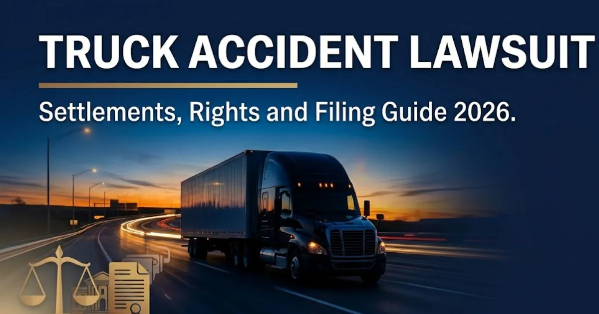 Truck accident lawsuit guide 2026 banner with semi truck silhouette, legal scales, and settlement information on navy background