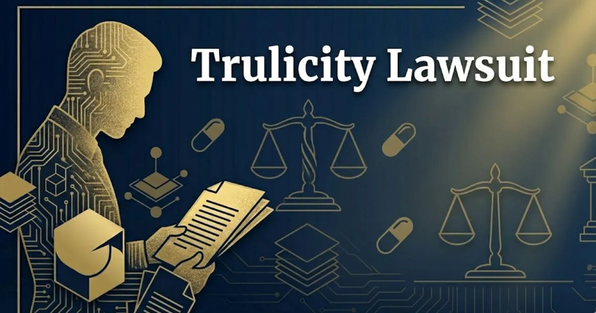 Trulicity lawsuit 2026 banner with legal scales and medical symbols on navy background