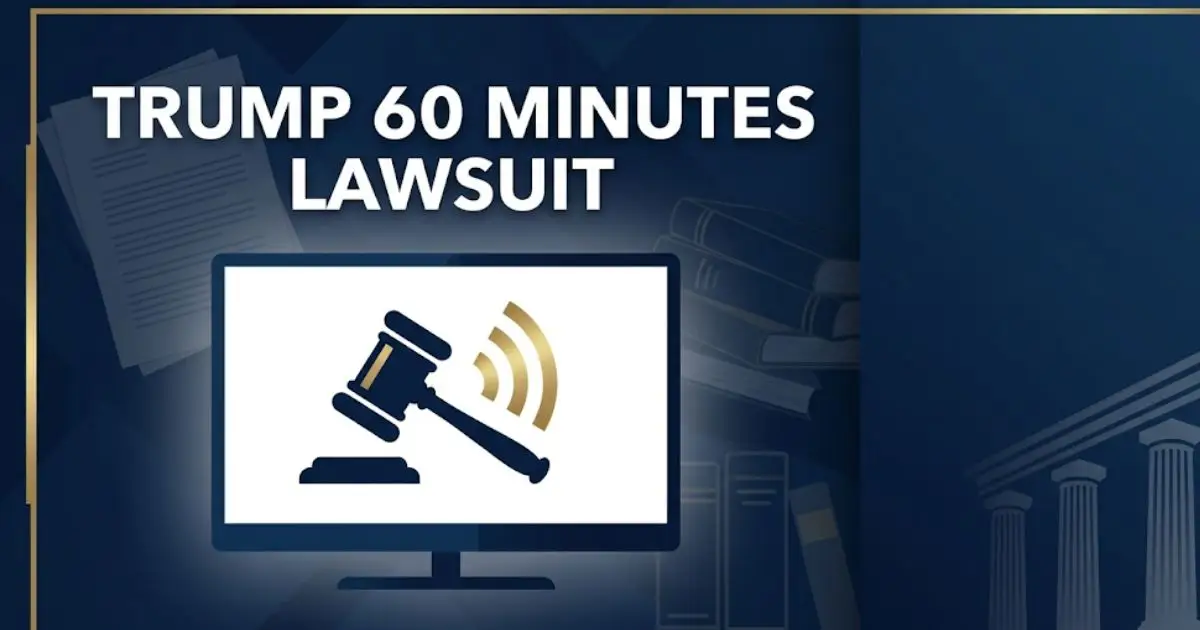 Trump 60 Minutes lawsuit legal banner with gavel and broadcast symbols on navy background
