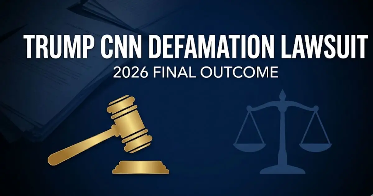 Trump CNN defamation lawsuit 2026 update with gavel and scales of justice on navy background