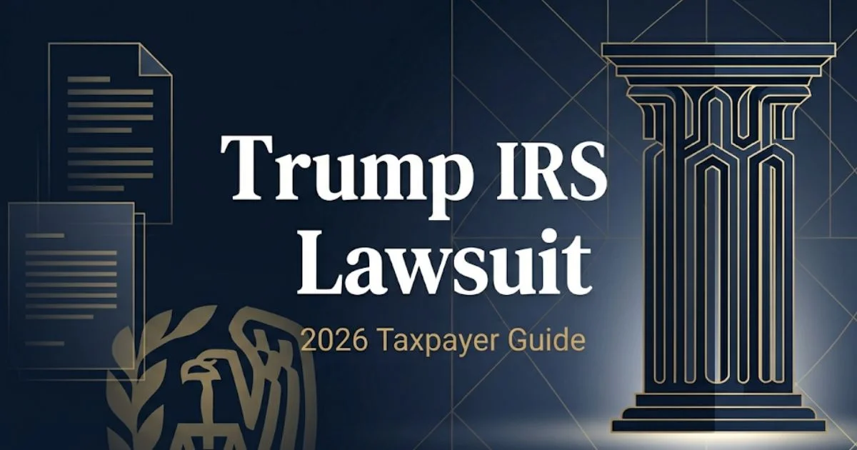 Trump IRS lawsuit 2026 taxpayer guide banner with courthouse silhouette and legal document icons on navy background