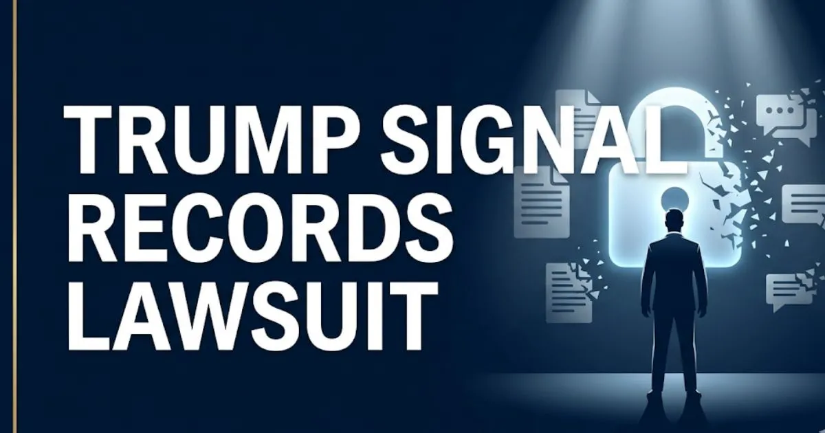Trump Signal records lawsuit 2026 legal case guide banner with deleted message icons and federal records law themes