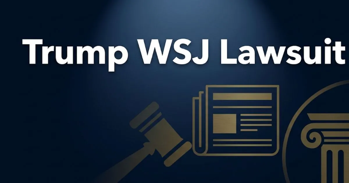 Trump WSJ lawsuit 2026 editorial banner with legal gavel and newspaper icons on navy background