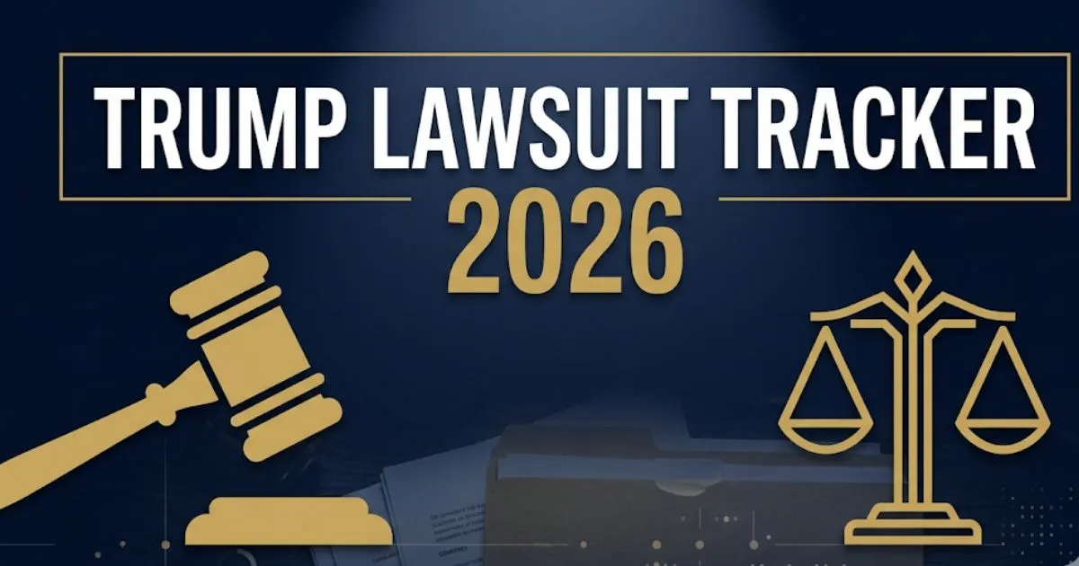 Trump lawsuit tracker 2026 banner showing active criminal and civil cases with courtroom gavel and legal scales icons