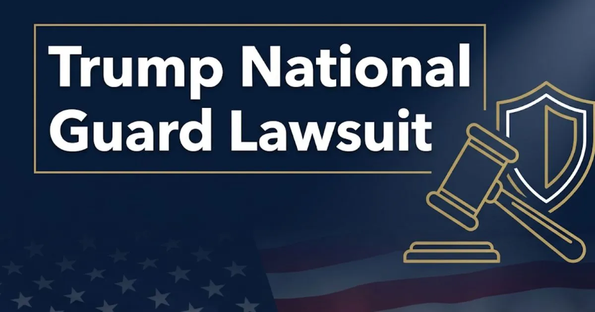 Trump national guard lawsuit 2026 legal breakdown banner with gavel and military shield icons on navy background