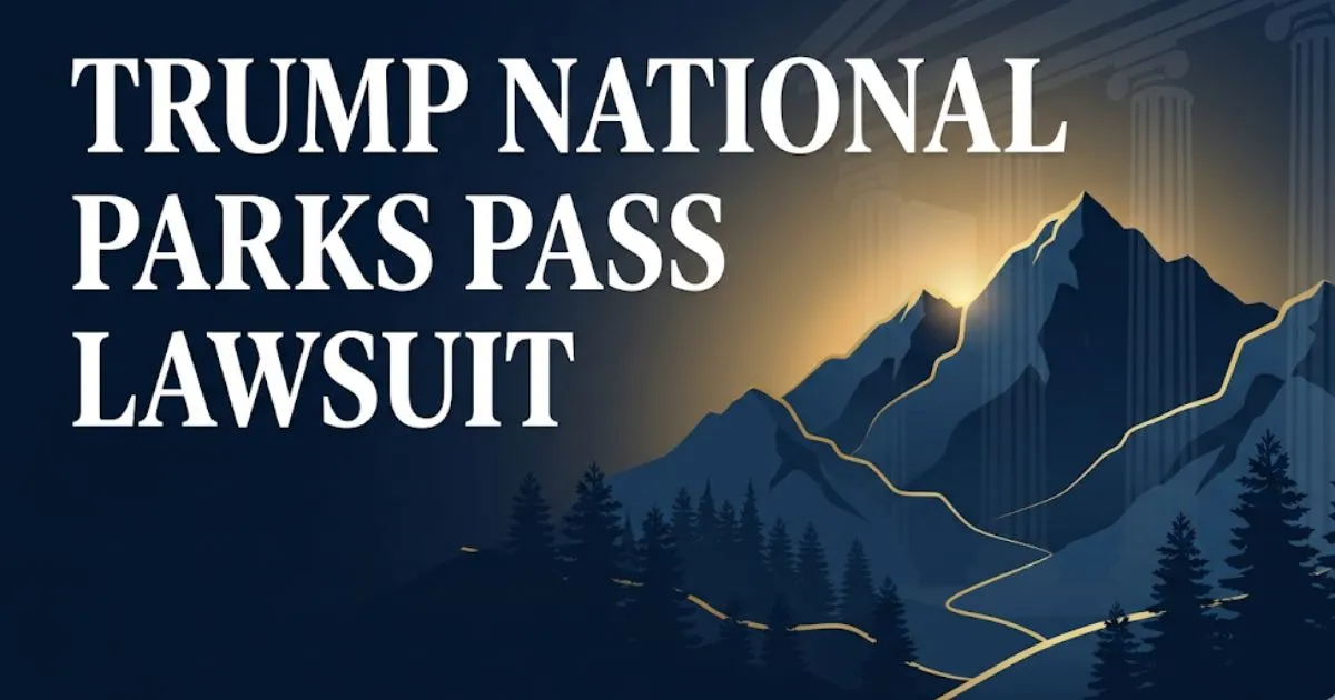 Trump national parks pass lawsuit 2026 editorial banner with bold headline text, mountain silhouette, and legal courthouse icons.