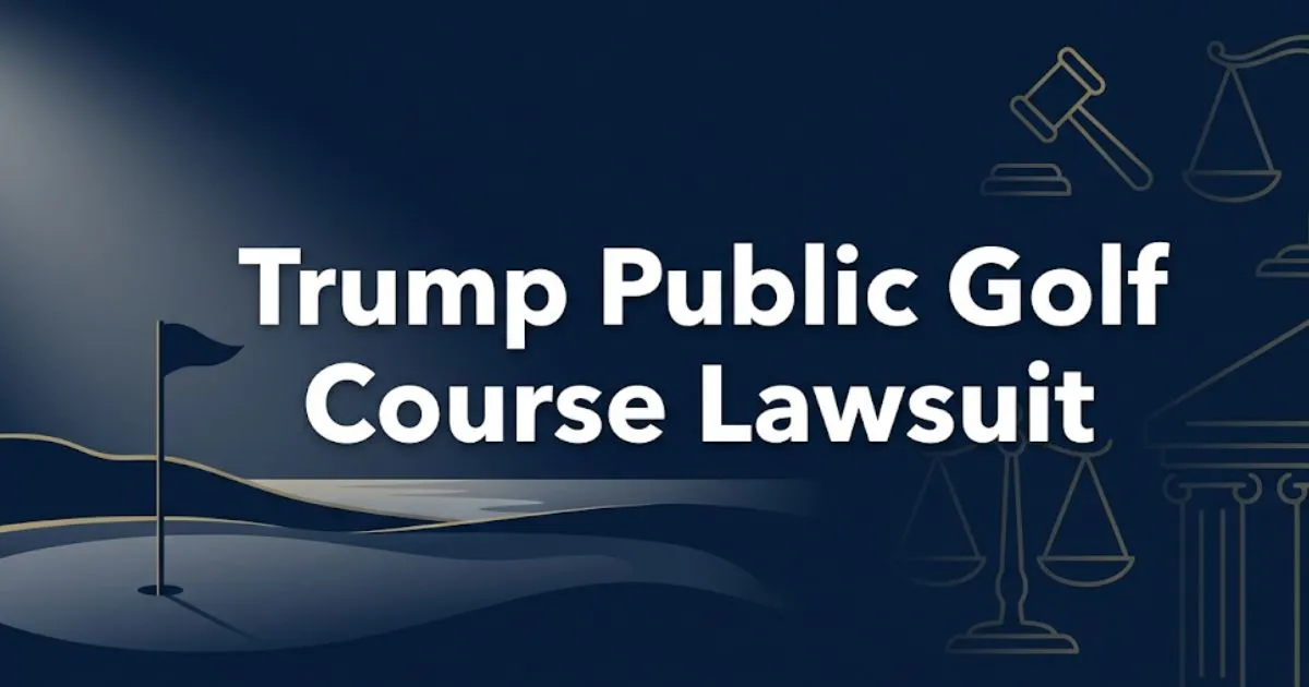 Trump public golf course lawsuit 2026 overview banner with legal symbols and golf course silhouette on navy background