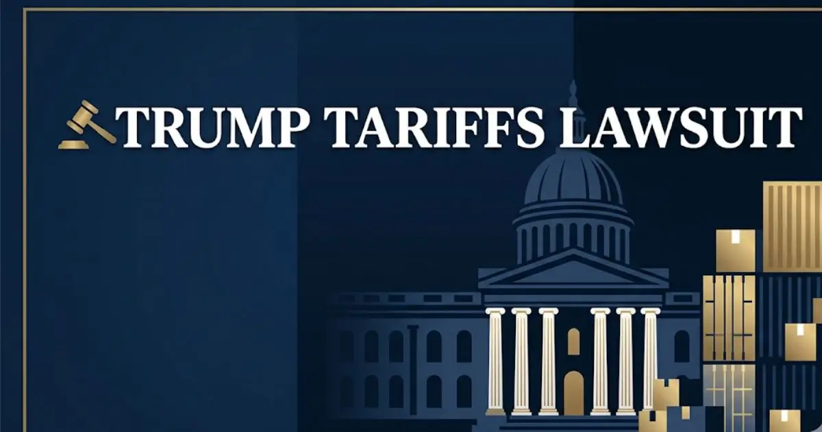 Trump tariffs lawsuit 2026 legal guide banner with courthouse silhouette and import symbols