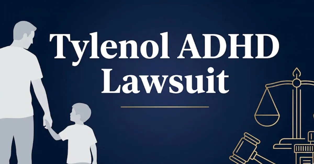 Tylenol ADHD lawsuit 2026 banner with legal symbols and family silhouette in navy and gold