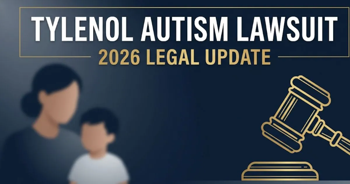 Tylenol autism lawsuit 2026 legal update banner with courthouse icon and parent-child silhouette on navy background INPUT MAIN KEYWORD {{tylenol autism lawsuit}} CLUSTER KEYWORDS {{when will