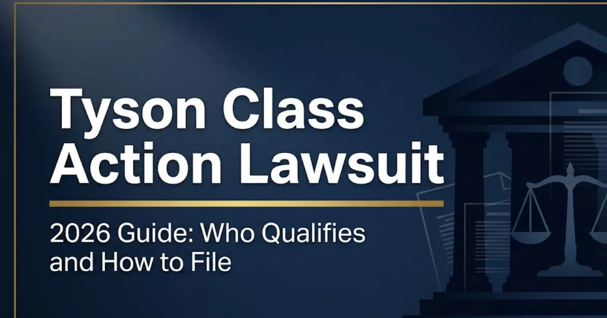 Tyson class action lawsuit 2026 guide banner showing courthouse silhouette and settlement eligibility information on navy background