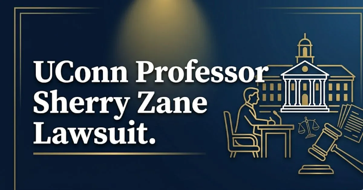 UConn professor Sherry Zane lawsuit 2026 editorial banner with legal symbols and university silhouette on navy background