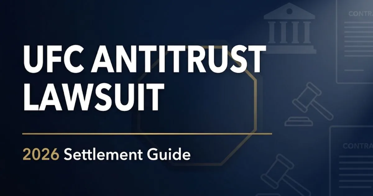 UFC antitrust lawsuit 2026 settlement guide banner with legal gavel and courthouse silhouette on navy background