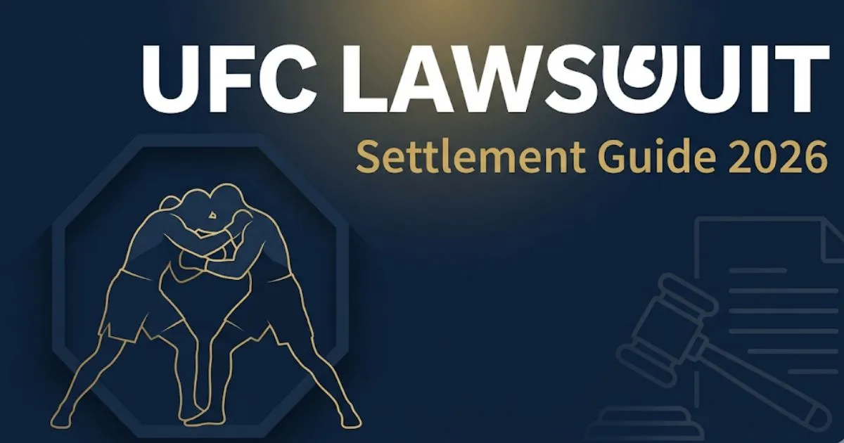 UFC lawsuit settlement guide 2026 banner with fighter silhouettes, legal symbols, and bold headline text on navy background.
