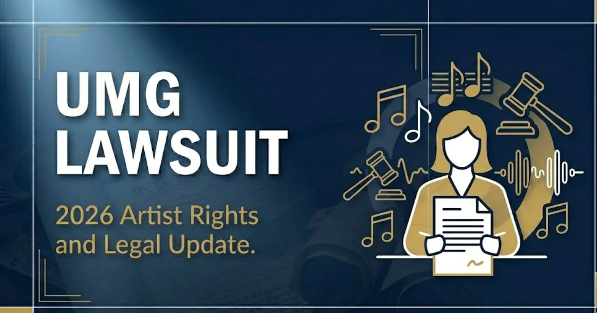 UMG lawsuit 2026 legal update banner showing gavel, music notes, and court document silhouettes on navy background