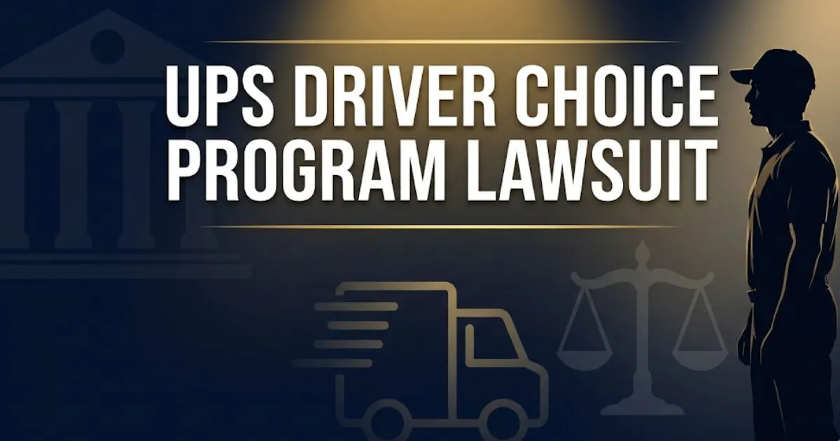 UPS Driver Choice Program lawsuit 2026 legal guide banner with courthouse and delivery driver silhouette