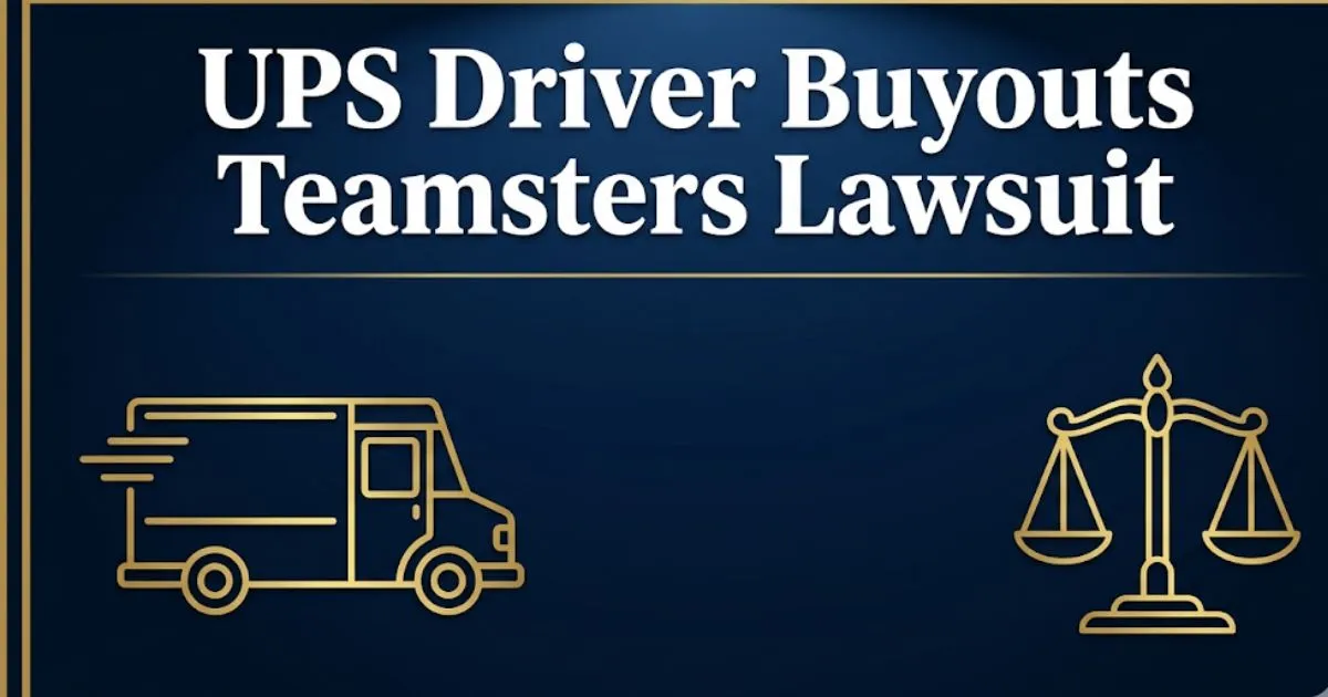 UPS driver buyouts teamsters lawsuit 2026 legal guide banner with delivery truck silhouette and legal scales (1)