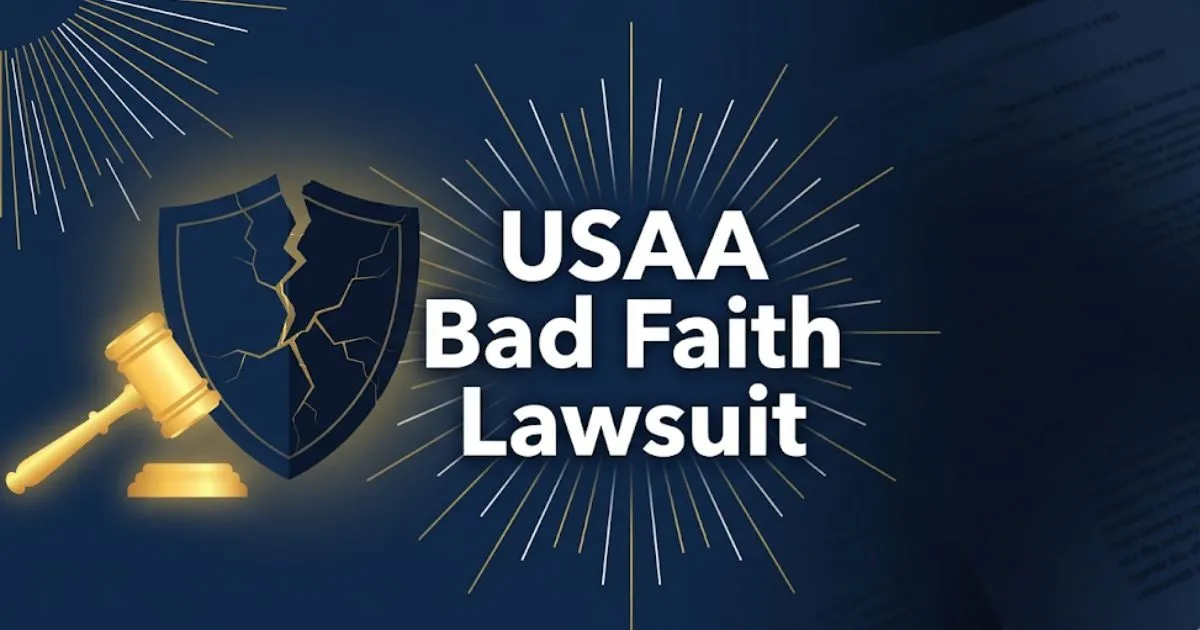 USAA bad faith lawsuit 2026 legal guide banner with gavel and shield icons on navy background