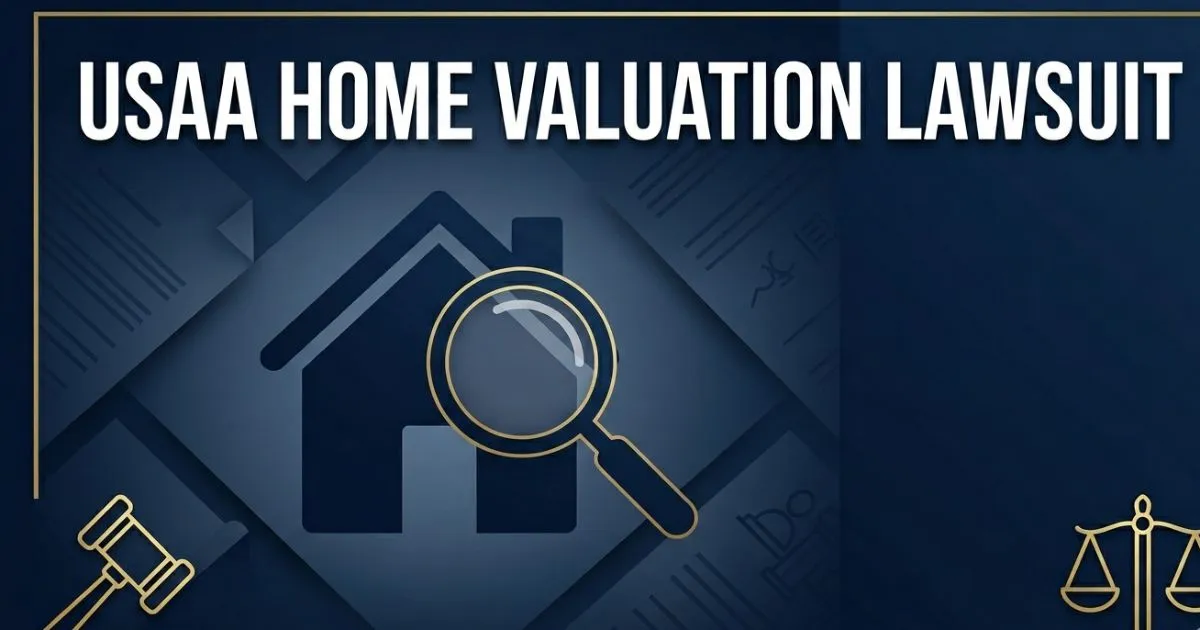 USAA home valuation lawsuit 2026 banner with house silhouette and legal symbols