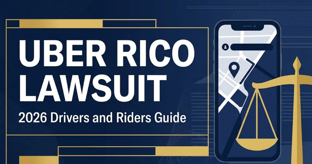 Uber RICO lawsuit 2026 legal guide blog banner with scales of justice and ride-share app icons on navy background.