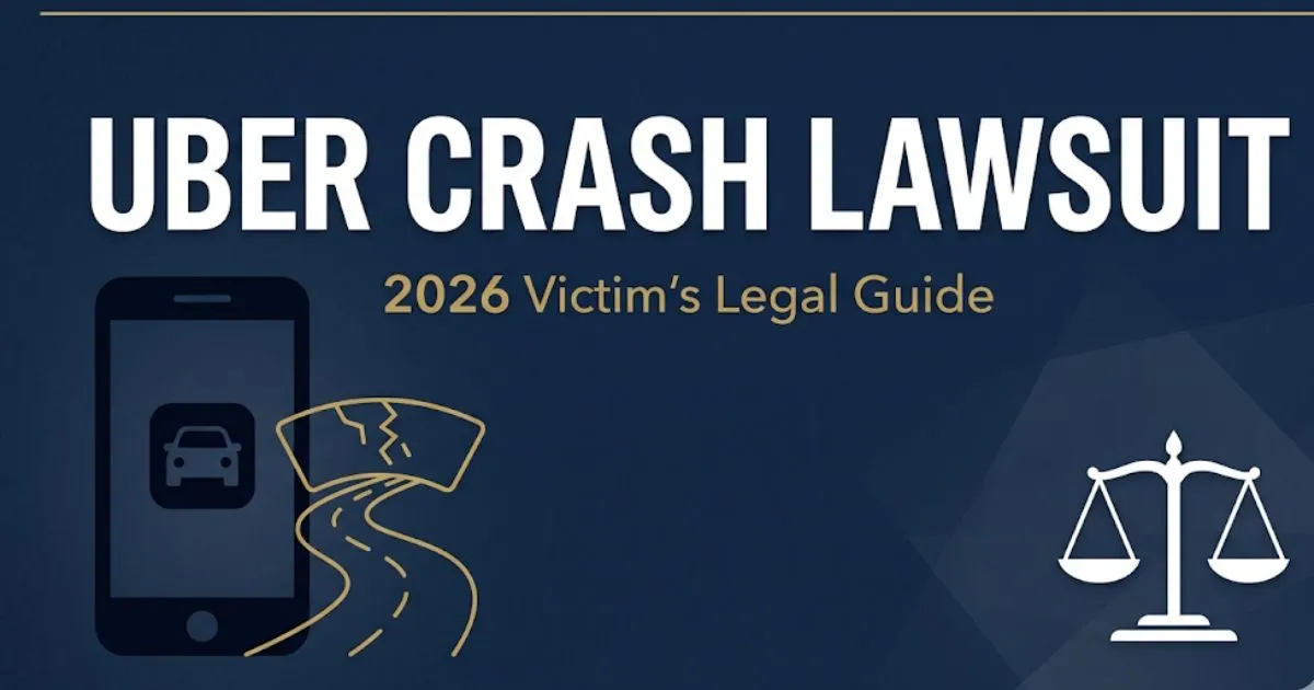 Uber crash lawsuit 2026 legal guide banner with scales of justice and rideshare app silhouette on navy background