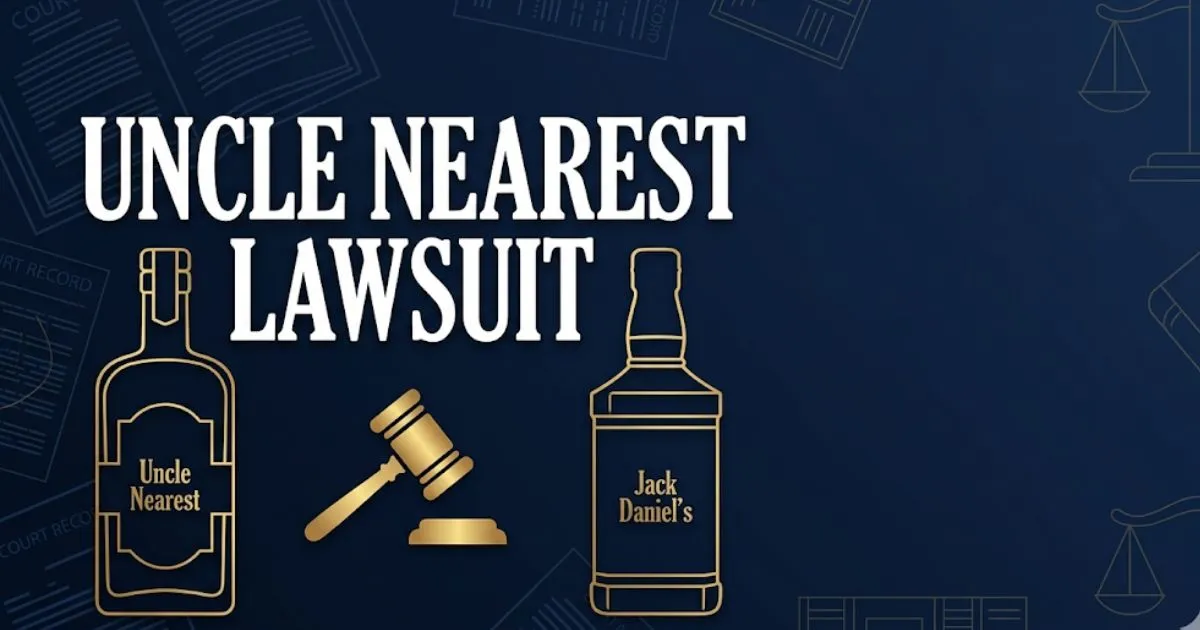 Uncle Nearest Lawsuit headline with whiskey bottle silhouettes and legal symbols in navy and gold design