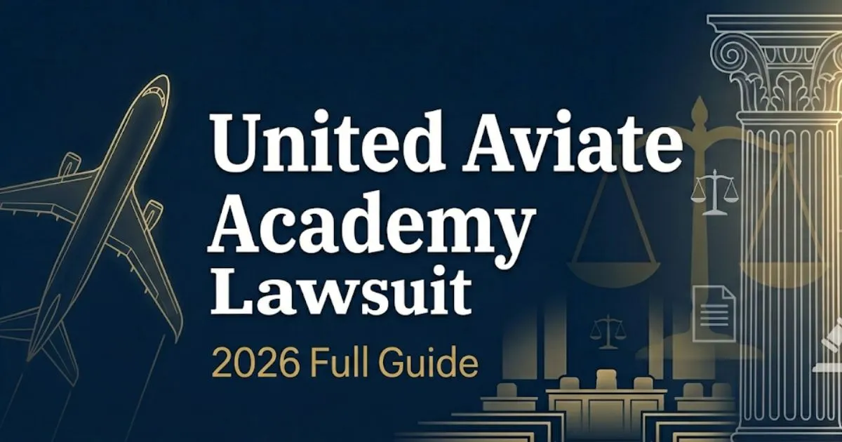 United Aviate Academy Lawsuit 2026 guide banner with airplane silhouette and legal scale icons on navy background.